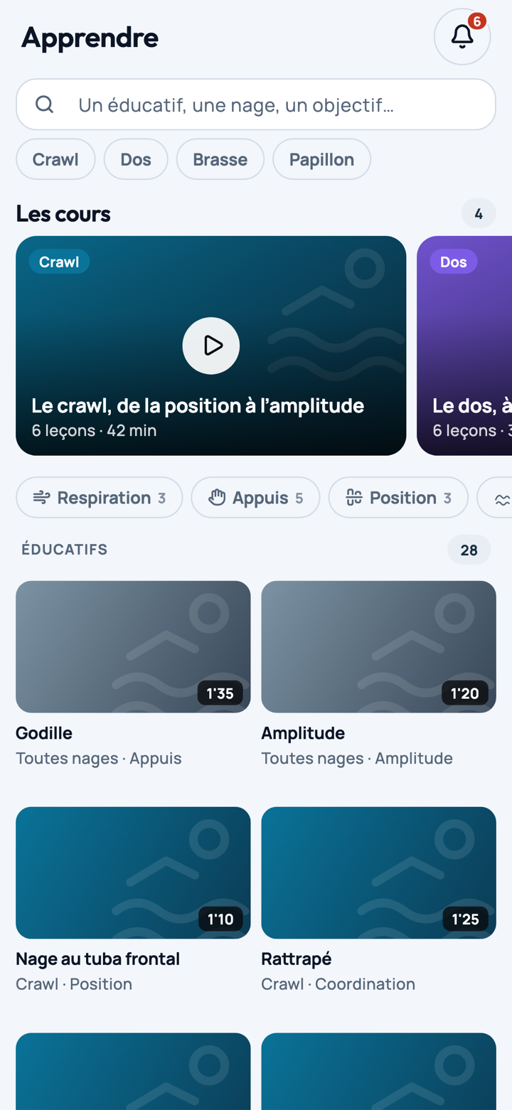 L'écran Apprendre : les cours par nage et les éducatifs filmés