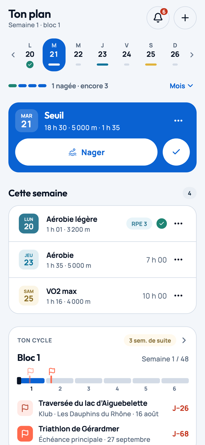 L'écran Ton plan de l'application : la semaine, la séance du jour et le cycle en cours
