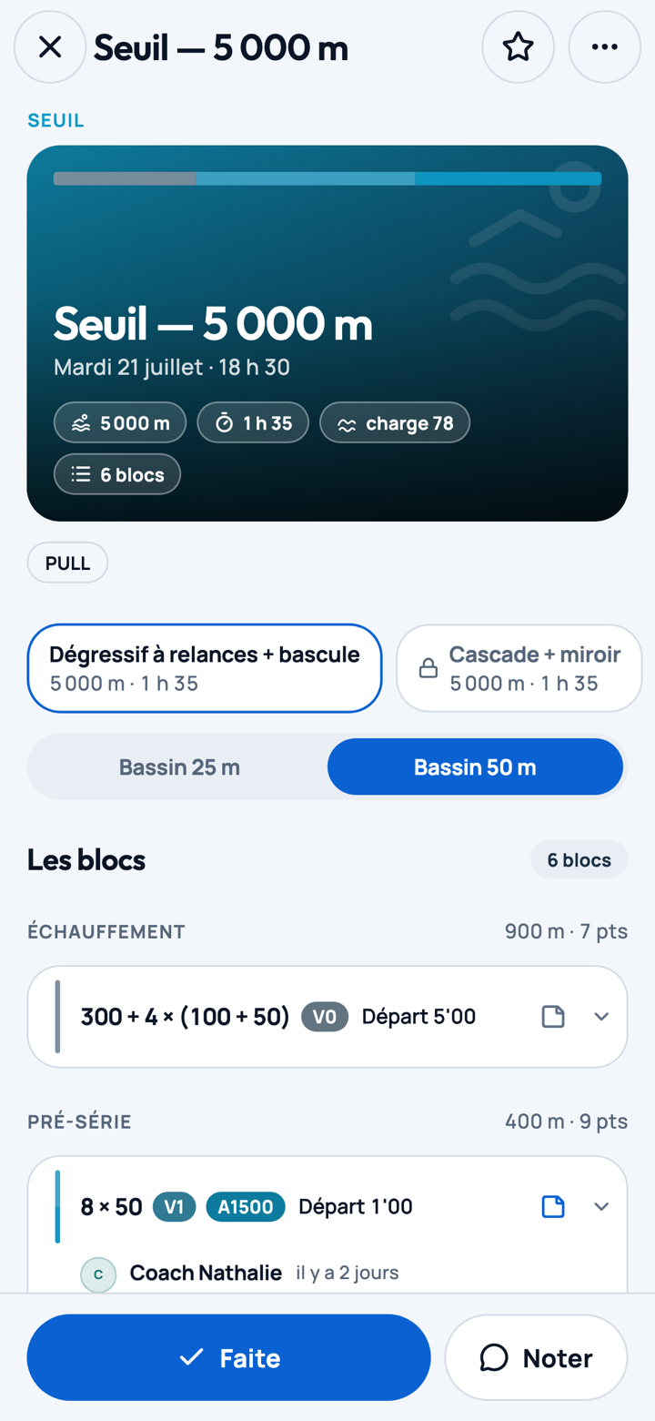 L'écran d'une séance de seuil de 5 000 m dans l'application : ses blocs, ses variantes et le choix du bassin